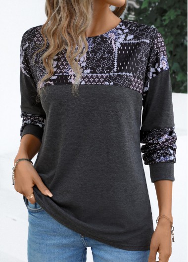 Dark Grey tops,Tribal tops,Geometric tops,Plants tops,Patchwork Tribal Print Dark Grey Round Neck T Shirt
