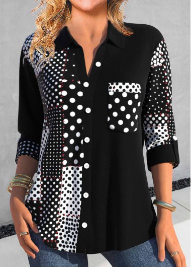 Black tops,Dot tops,Geometric tops,ROTITA Asymmetry Polka Dot Black Shirt Collar Blouse