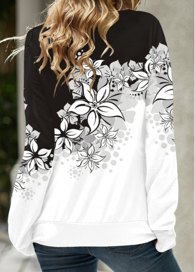 Black tops,White tops,Floral tops,Plants tops,ROTITA Eyelet Floral Print Black Cowl Neck Long Sleeve Sweatshirt