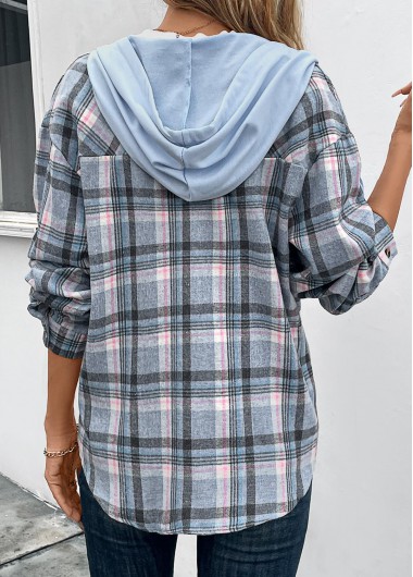 Blue tops,Plaid tops,Geometric tops,Striped tops,Drawstring Plaid Blue Hooded Long Sleeve Coat