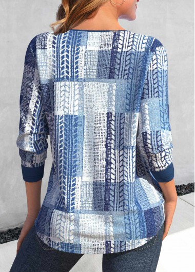 Denim Blue tops,Geometric tops,Striped tops,Plaid tops,ROTITA Lace Up Geometric Print Denim Blue T Shirt