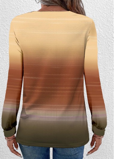 Yellow tops,Ombre tops,Striped tops,ROTITA Button Ombre Yellow Round Neck Long Sleeve T Shirt