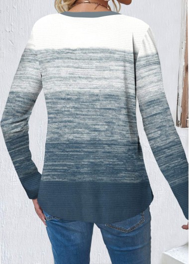 Dusty Blue tops,Contrast Color tops,Ombre tops,ROTITA Button Round Neck Long Sleeve Dusty Blue T Shirt