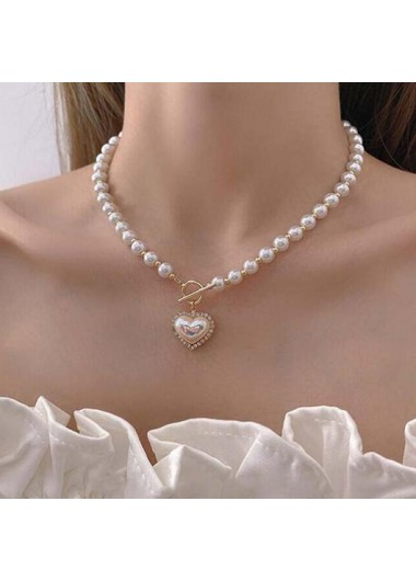 Heart Rhinestone Detail Silver Pearl Necklace