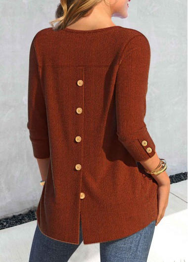 Brick Red tops,Plain Color tops,ROTITA Button Brick Red Round Neck Long Sleeve T Shirt