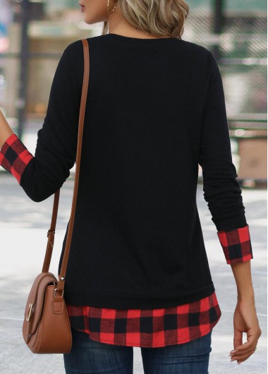 Red tops,Black tops,Plaid tops,Geometric tops,Striped tops,Christmas tops,ROTITA Patchwork Plaid Red Round Neck Long Sleeve T Shirt