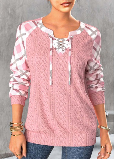 Light Pink tops,Plaid tops,Striped tops,ROTITA Lace Up Plaid Light Pink Long Sleeve Sweatshirt