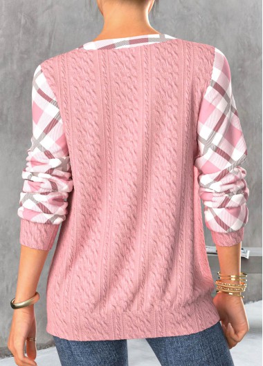 Light Pink tops,Plaid tops,Striped tops,ROTITA Lace Up Plaid Light Pink Long Sleeve Sweatshirt