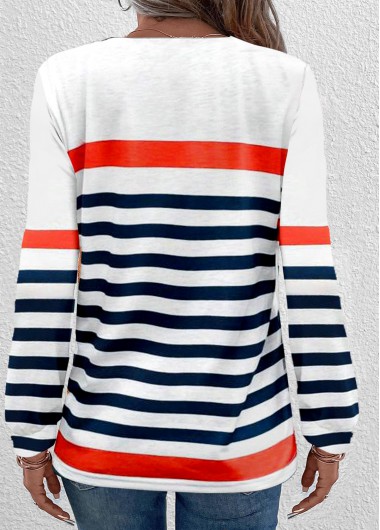 Navy tops,White tops,Striped tops,Geometric tops,ROTITA Button Multi Stripe Print Navy Round Neck T Shirt