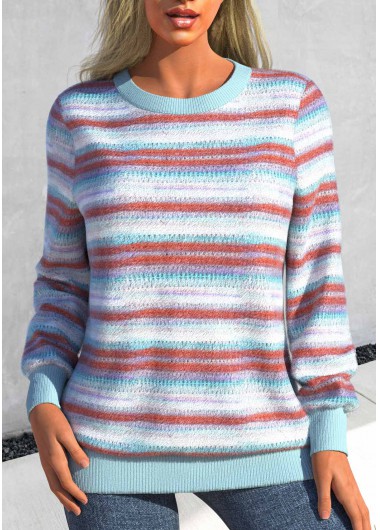 Light Blue tops,Plain Color tops,ROTITA Light Blue Round Neck Patchwork Long Sleeve Sweatshirt