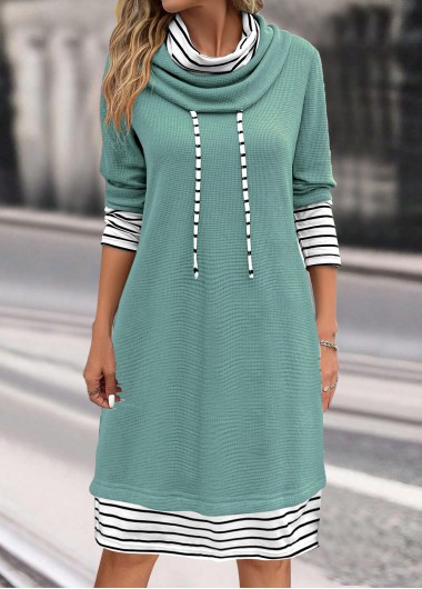 Sage Green dresses,Striped dresses,Geometric dresses,Everyday dresses,Casual dresses,ROTITA Patchwork Striped Sage Green Cowl Neck Shift Dress