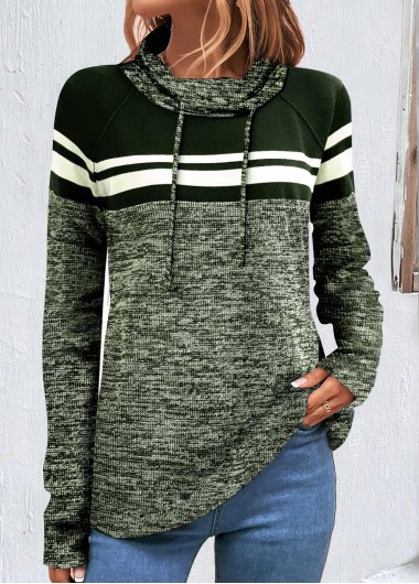Blackish Green tops,Striped tops,ROTITA Patchwork Striped Blackish Green Cowl Neck Long Sleeve Sweatshirt