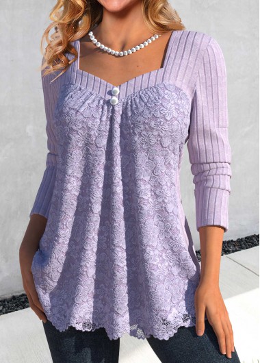 Light Purple tops,Plain Color tops,ROTITA Lace Light Purple Heart Collar Long Sleeve T Shirt