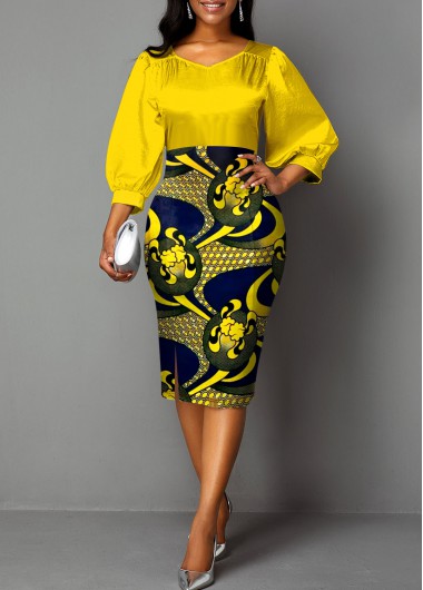 Yellow dresses,Tribal dresses,Geometric dresses,Party dresses,Elegant dresses,ROTITA Patchwork Tribal Print Yellow Round Neck Bodycon Dress