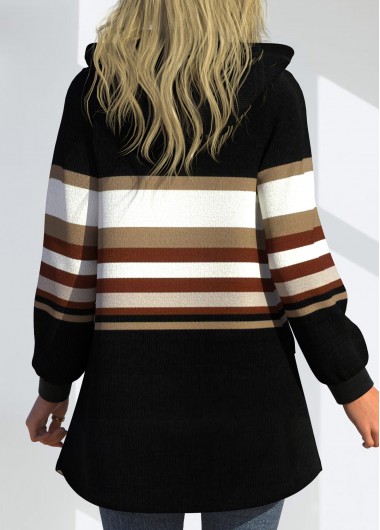 Black tops,Striped tops,Geometric tops,ROTITA Zipper Striped Black Hooded Long Sleeve Coat