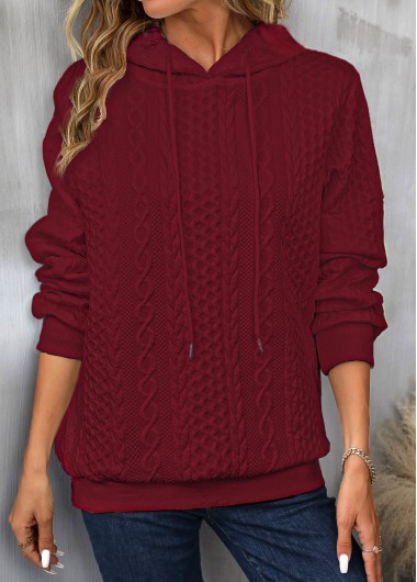 Wine Red tops,Plain Color tops,ROTITA Drawstring Wine Red Long Sleeve Hoodie