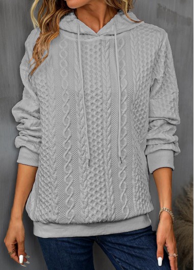 Light Grey tops,Plain Color tops,Patchwork Drawstring Light Grey Long Sleeve Hoodie