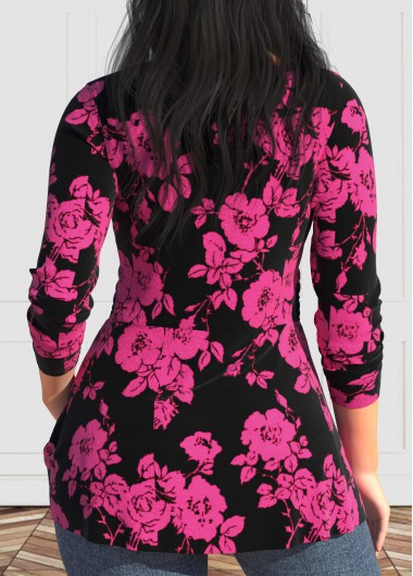 Hot Pink tops,Black tops,Floral tops,Plants tops,ROTITA Valentine's Day Twist Hot Pink Heart Collar T Shirt