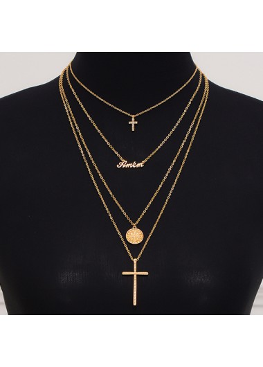 Cross Gold Layered Detail Alloy Necklace