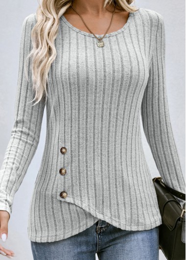 Grey tops,Plain Color tops,Button Grey Round Neck Long Sleeve T Shirt
