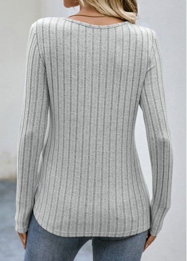 Grey tops,Plain Color tops,Button Grey Round Neck Long Sleeve T Shirt