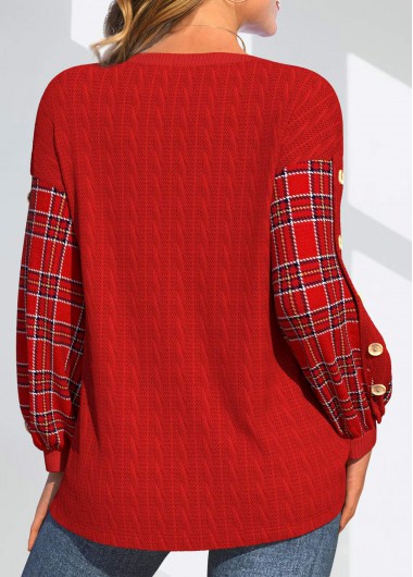 Red tops,Plaid tops,Geometric tops,Striped tops,ROTITA Button Plaid Red Round Neck Long Sleeve Sweatshirt