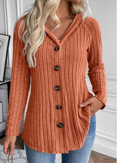 Orange tops,Plain Color tops,ROTITA Button Orange Hooded Long Sleeve Coat