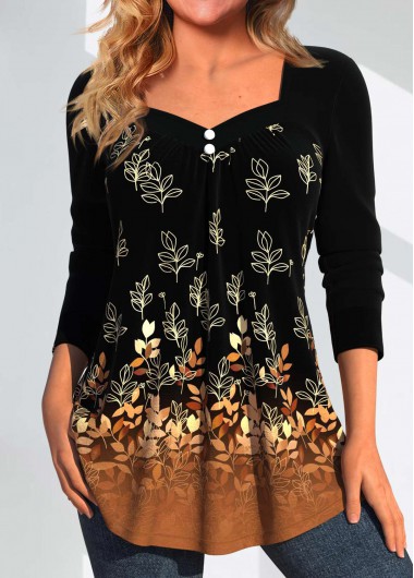 Dark Camel tops,Black tops,Plants tops,Ombre tops,ROTITA Button Random Floral Print Dark Camel T Shirt