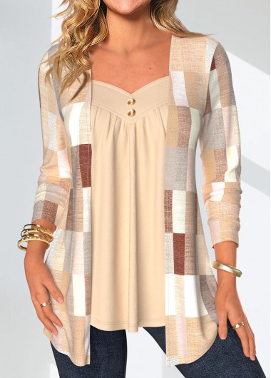 Skin Color tops,Geometric tops,Striped tops,Plaid tops,ROTITA Patchwork Geometric Print Skin Color Fake Two Piece Twinset