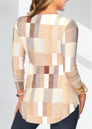 Skin Color tops,Geometric tops,Striped tops,Plaid tops,ROTITA Patchwork Geometric Print Skin Color Fake Two Piece Twinset