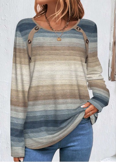 Multi Color tops,Striped tops,Geometric tops,Ombre tops,ROTITA Button Striped Multi Color Round Neck T Shirt
