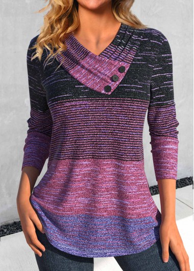 Dark Reddish Purple tops,Striped tops,Geometric tops,ROTITA Button Striped Dark Reddish Purple V Neck T Shirt