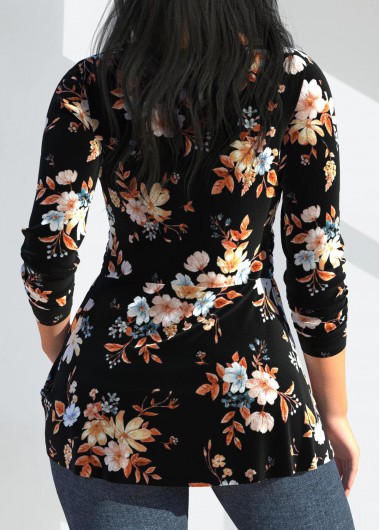Black tops,Plants tops,Floral tops,ROTITA Twist Random Floral Print Black V Neck T Shirt