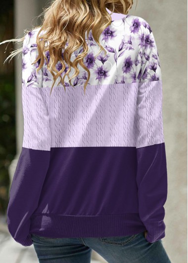 Light Purple plus size,Floral plus size,Plants plus size,ROTITA Plus Size Patchwork Light Purple Floral Print Sweatshirt