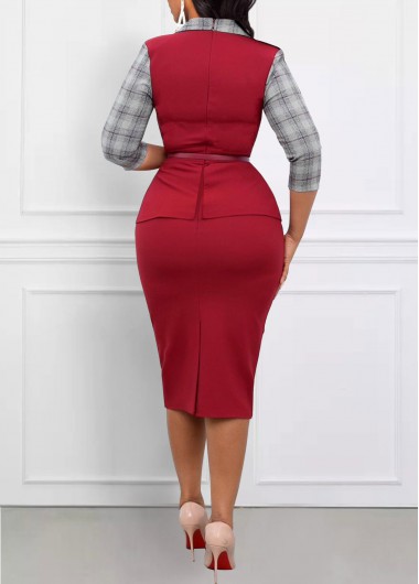 Light Grey Marl dresses,Wine Red dresses,Plaid dresses,Geometric dresses,Striped dresses,Wear to Work dresses,Work dresses,ROTITA Patchwork Plaid Light Grey Marl Lapel Dress