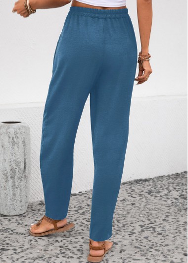 Peacock Blue bottoms,Plain Color bottoms,ROTITA Pocket Peacock Blue Elastic Waist High Waisted Pants