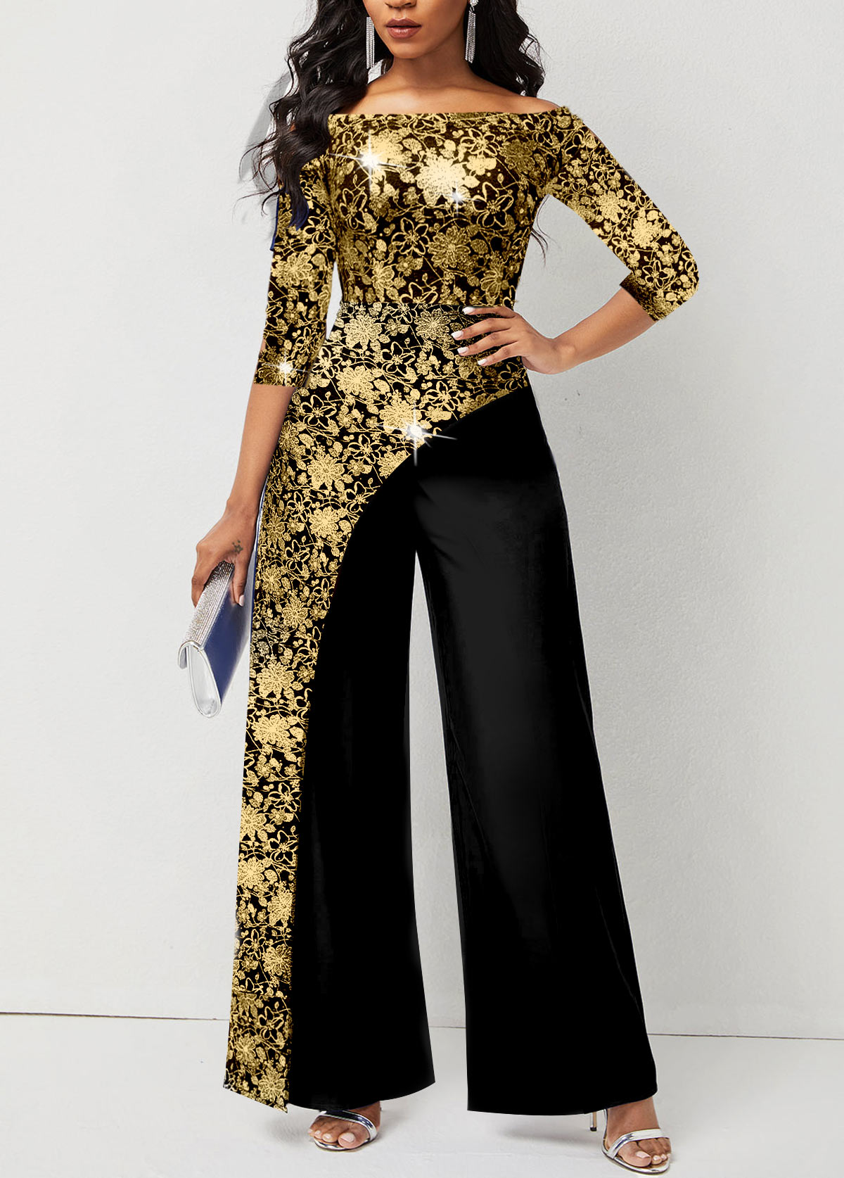 ROTITA Hot Stamping Floral Print Golden Off Shoulder Jumpsuit