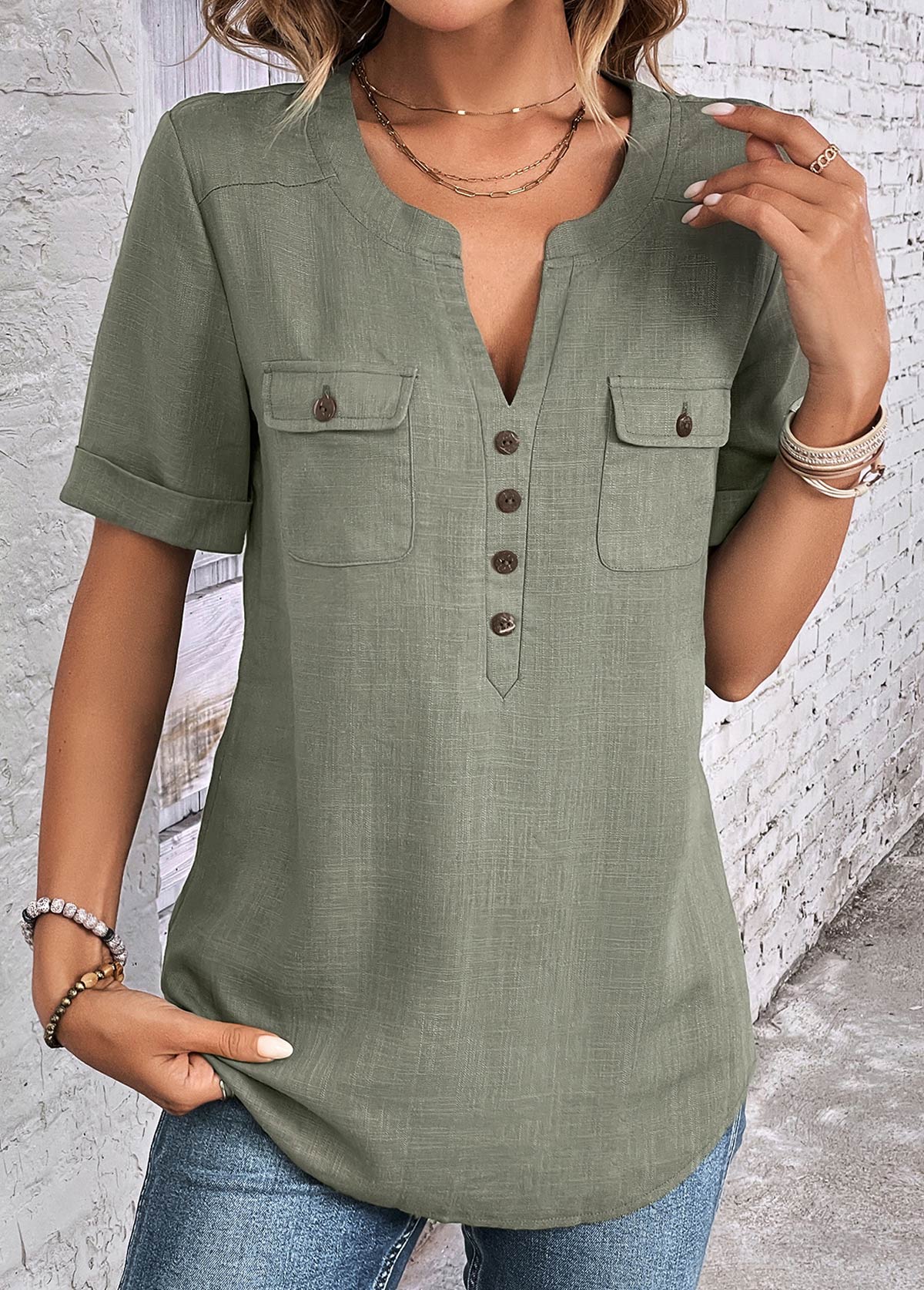 ROTITA Button Sage Green Split Neck Short Sleeve Blouse