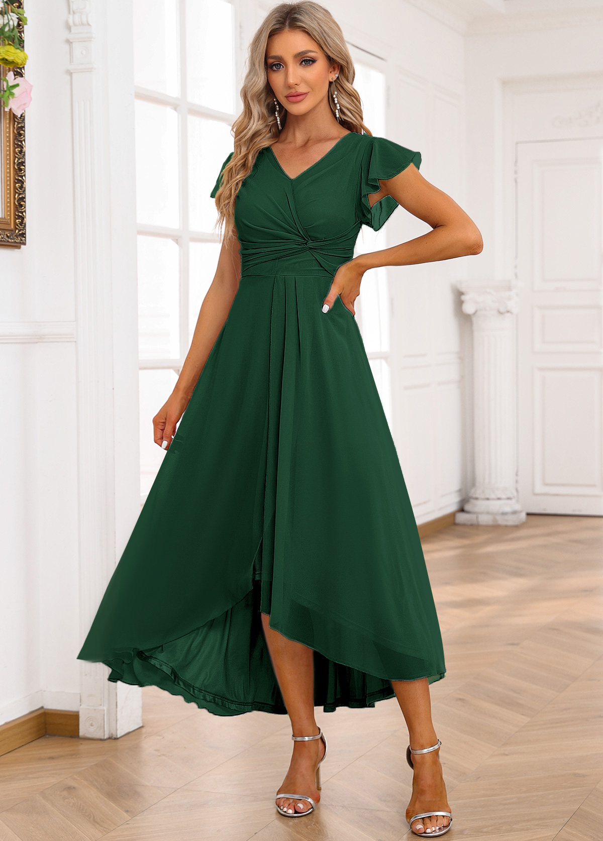 ROTITA Twist Blackish Green High Low V Neck Dress | Rotita.com - USD $42.98