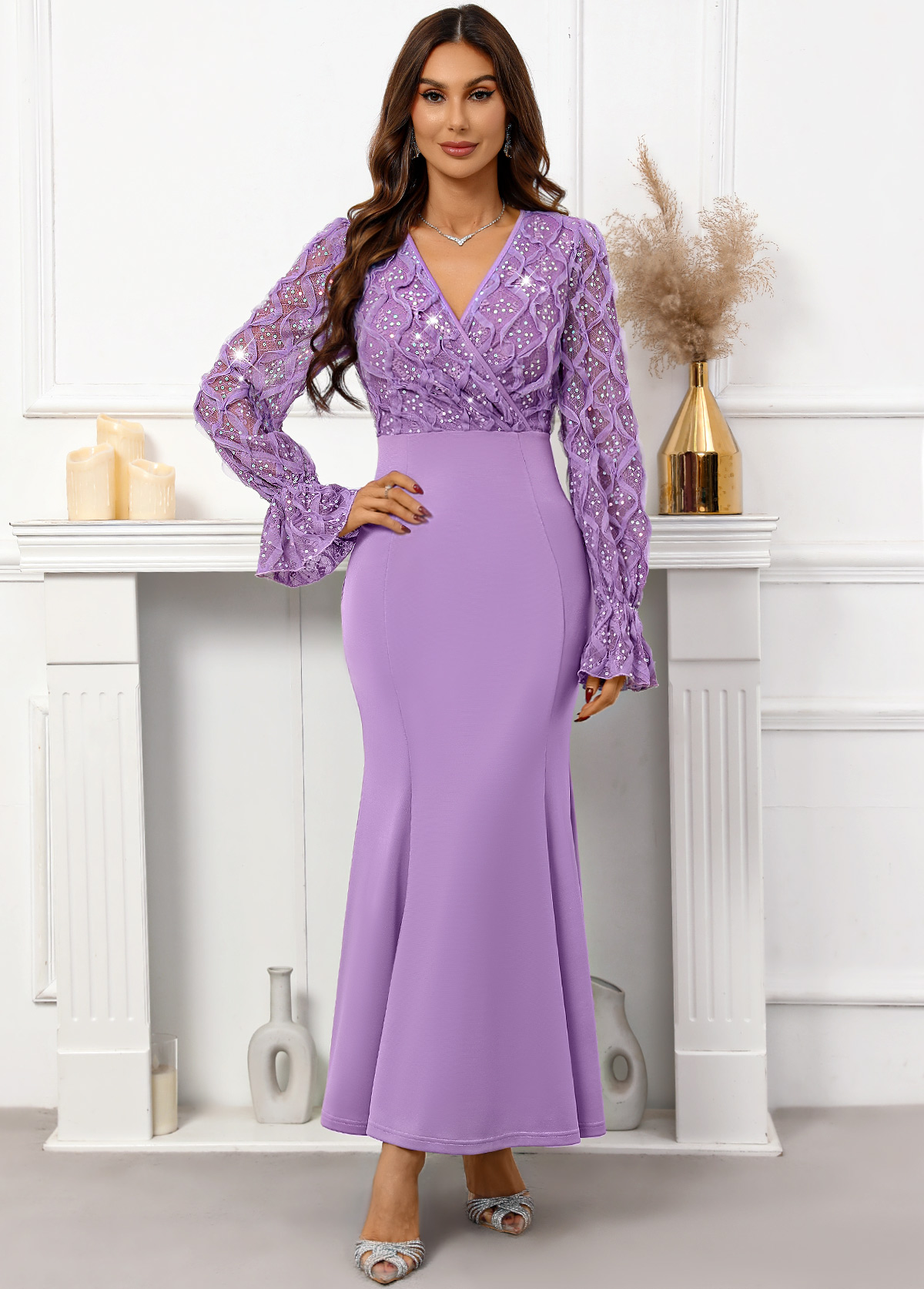 ROTITA Sequin Purple Maxi V Neck Long Sleeve Bodycon Dress