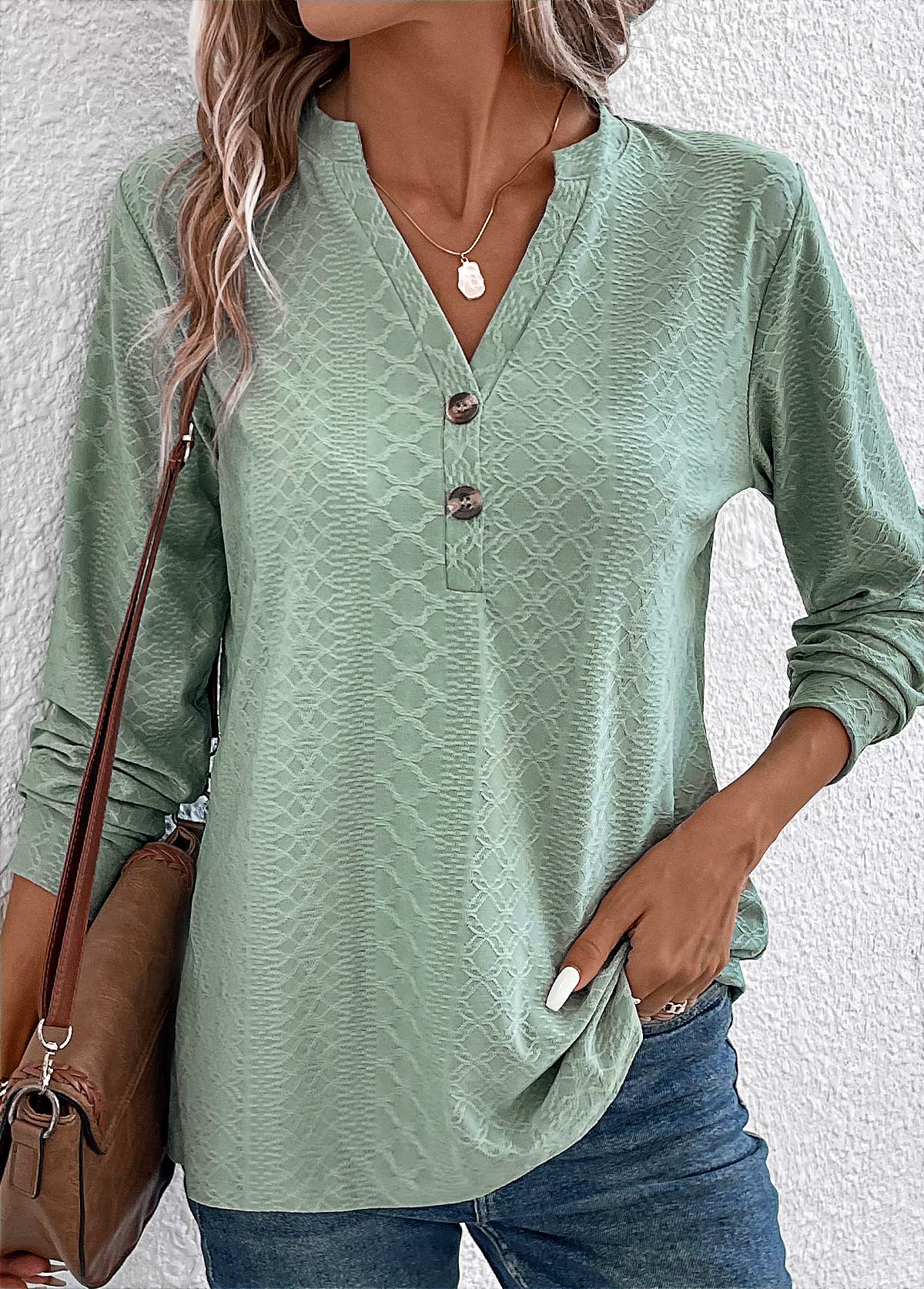 Button Green Split Neck Long Sleeve T Shirt