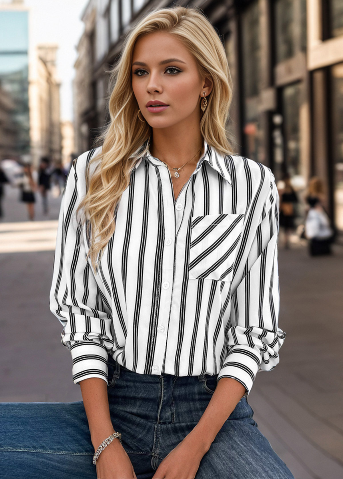 ROTITA Pocket Striped White Shirt Collar Long Sleeve Blouse