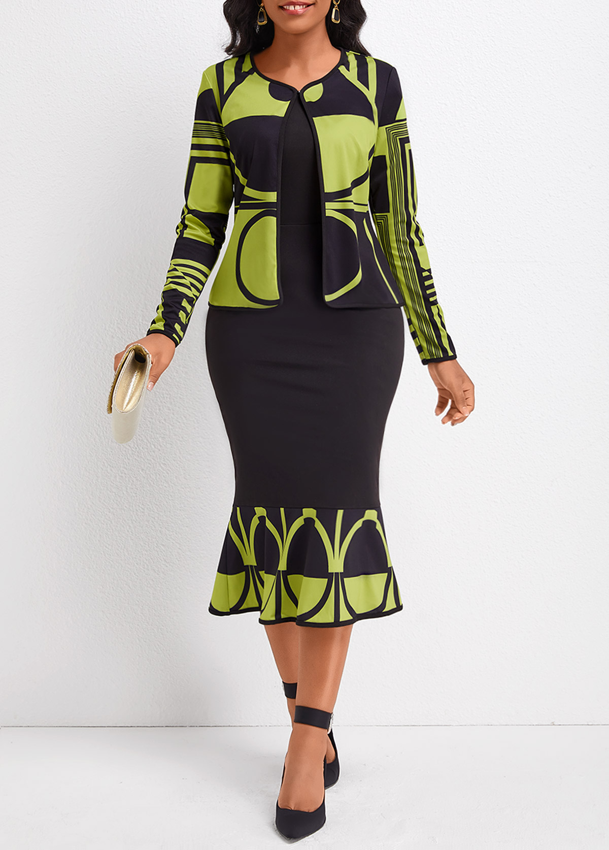 ROTITA Mermaid Geometric Print Avocado Green Two Piece Suit Dress and Cardigan