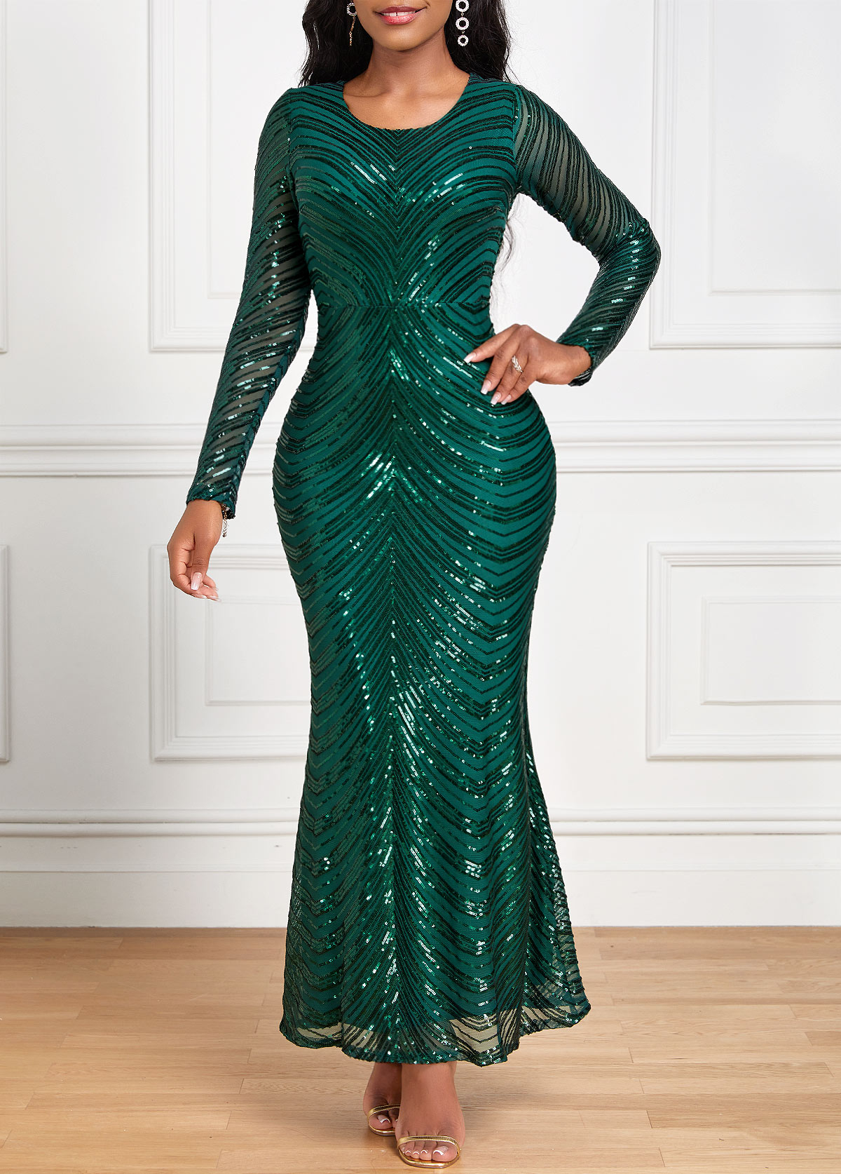 Schwarzgrünes Rotita-Maxi-Bodycon-Kleid mit Pailletten und Rundhalsausschnitt