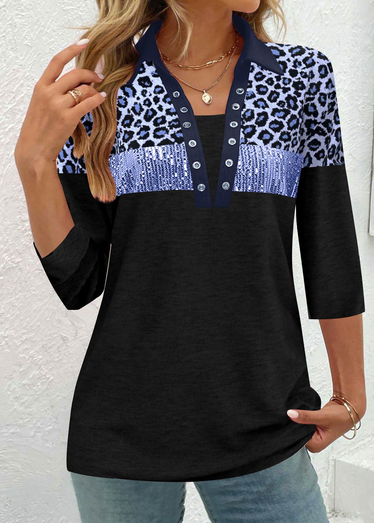 ROTITA Patchwork Leopard Blue Split Neck Blouse