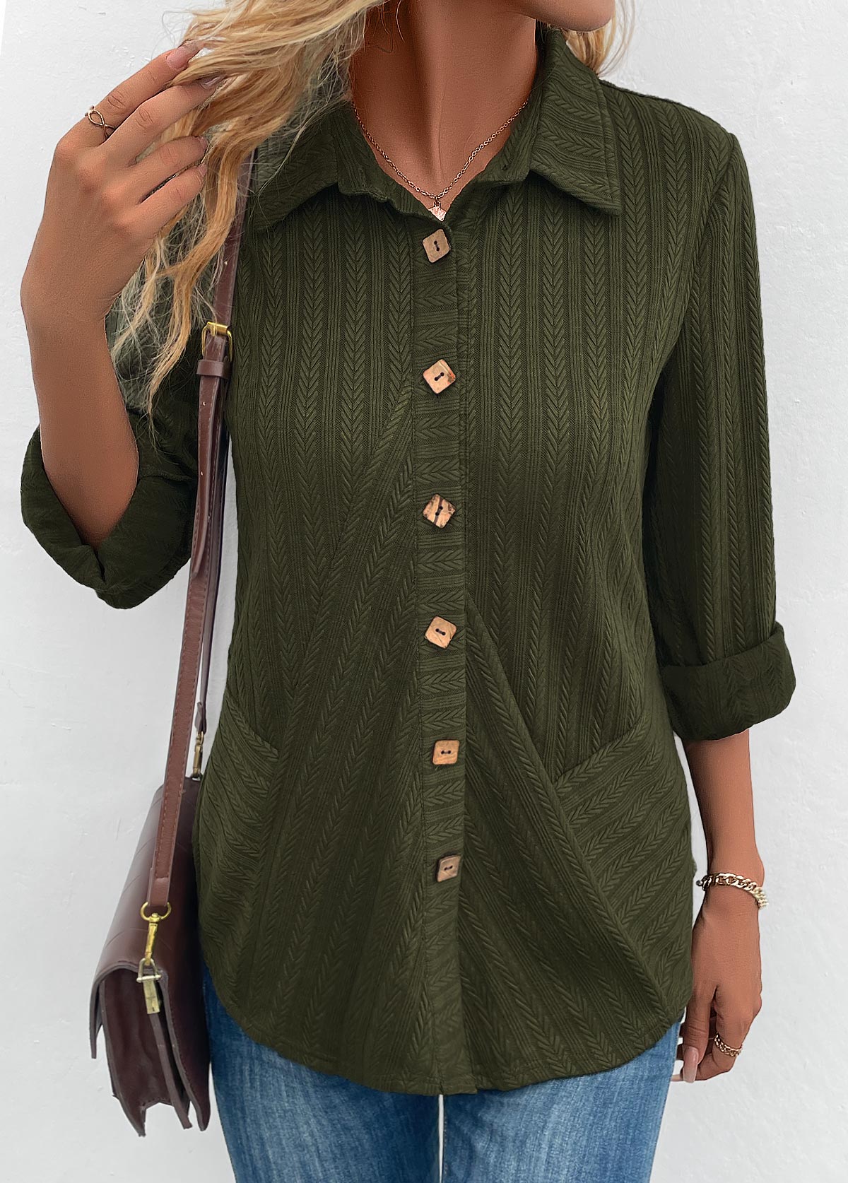 ROTITA Patchwork Olive Green Shirt Collar Long Sleeve Blouse