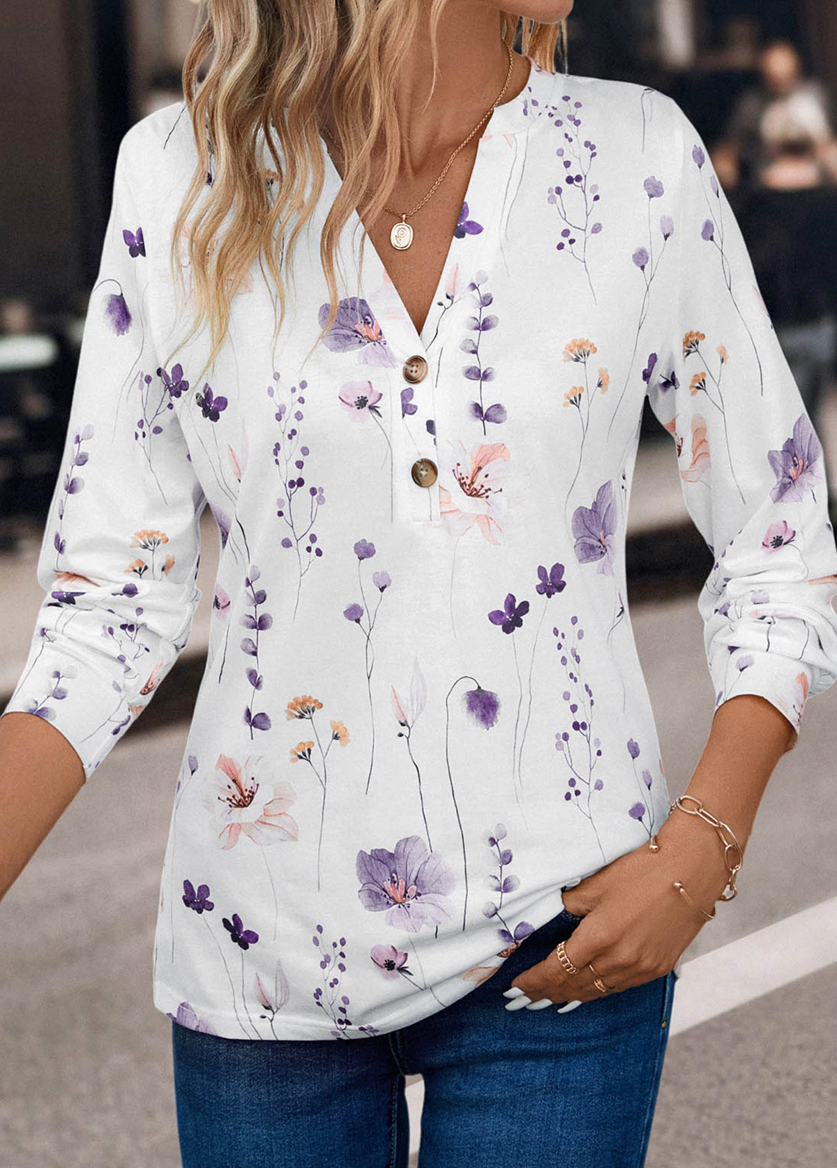 Button Floral Print White Split Neck T Shirt