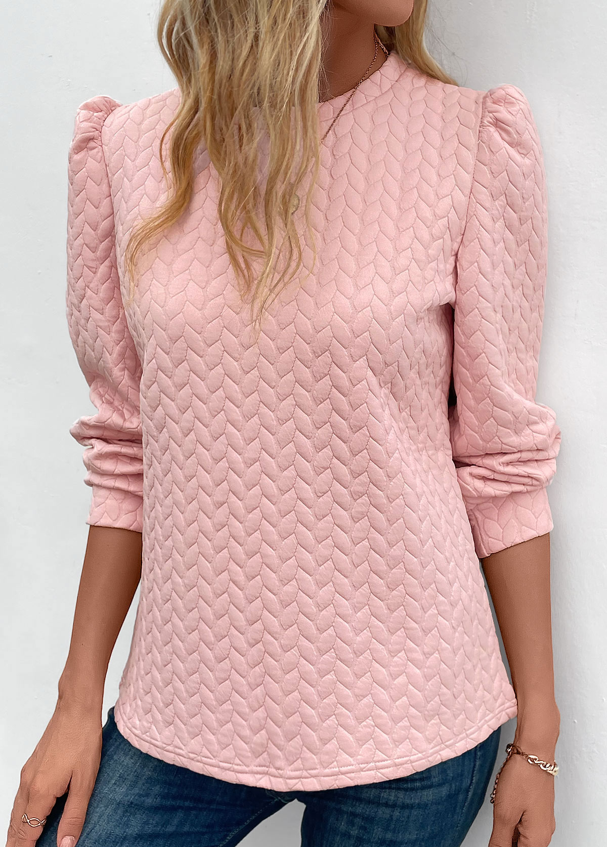 Ruched Pink Round Neck Long Sleeve Sweatshirt