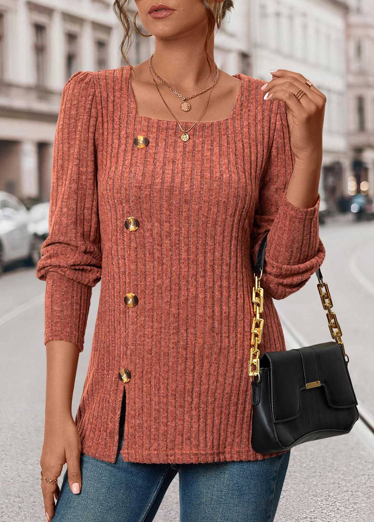Button Brick Red Square Neck Long Sleeve T Shirt