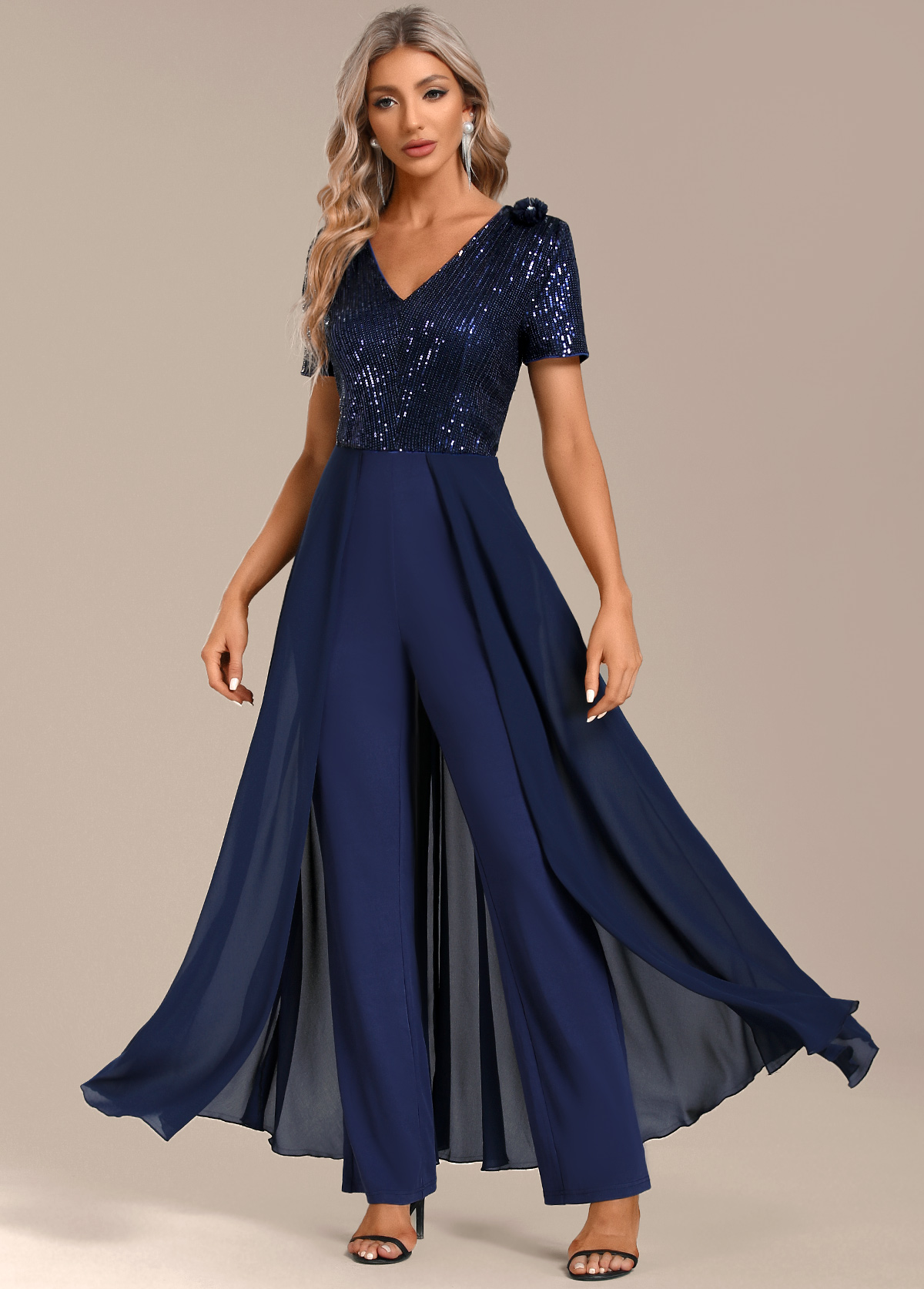 ROTITA Sequin Navy Long V Neck Short Sleeve Jumpsuit